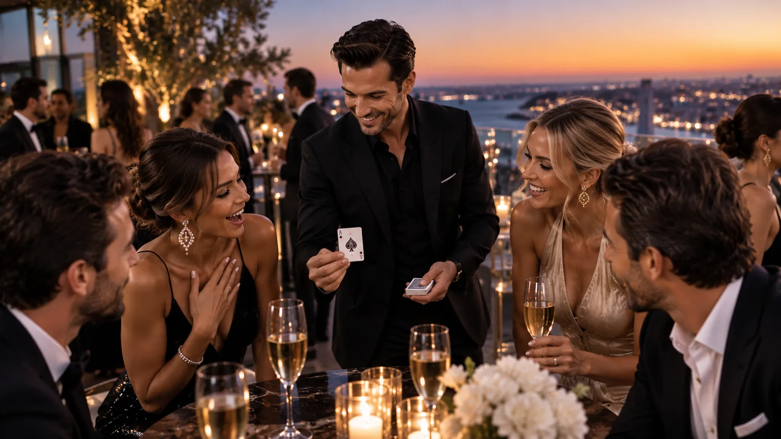 A rooftop cocktail reception at sunset above the bay, guests laughing around a candlelit high table