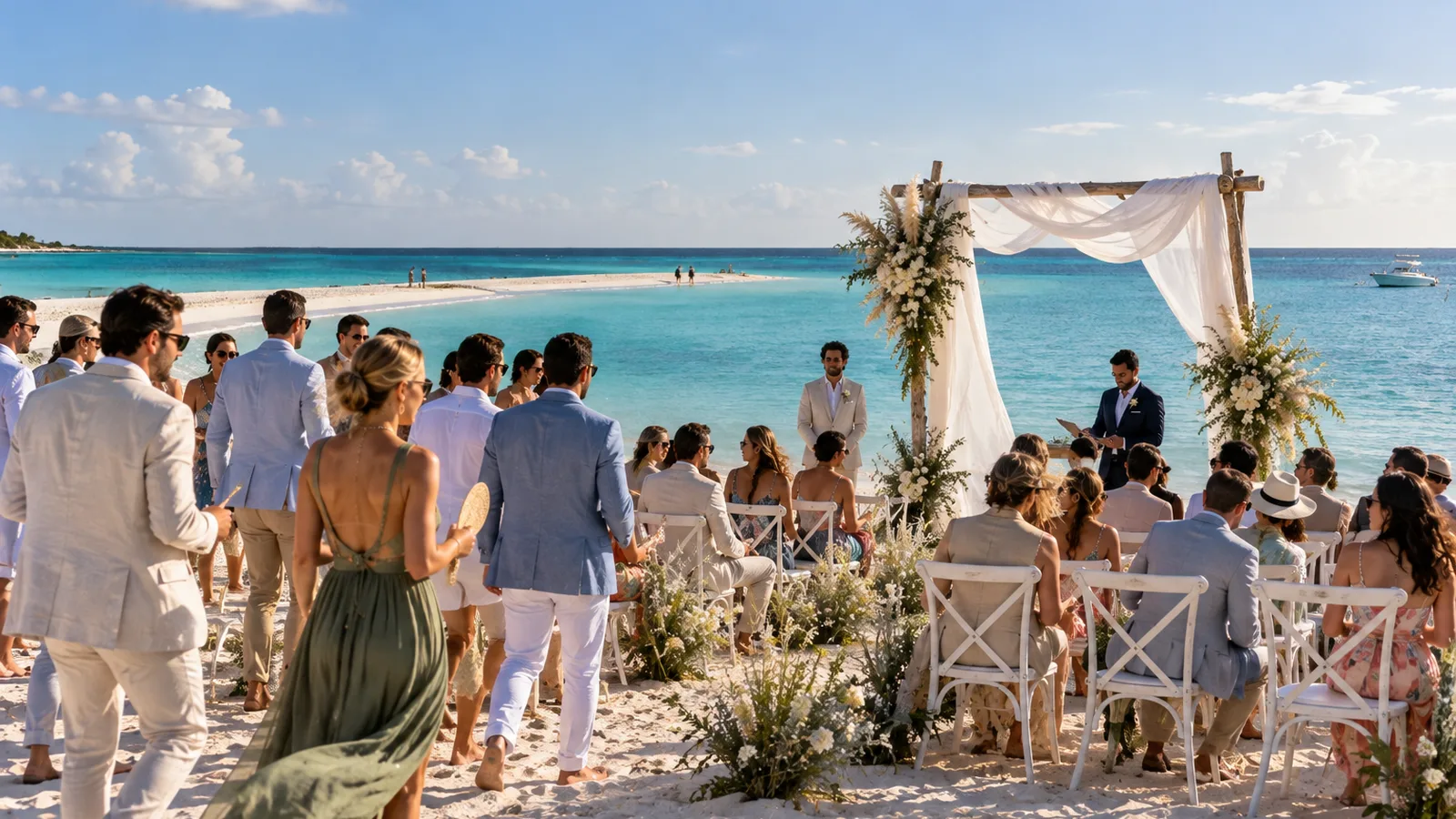 A beach wedding ceremony on the white sand of Grace Bay with turquoise shallows behind