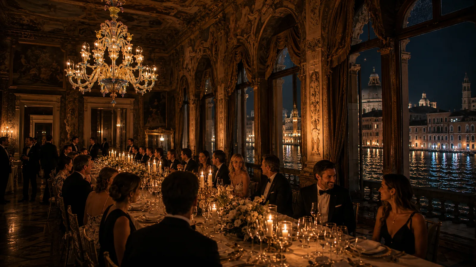 A black-tie dinner in the piano nobile of a Venetian palazzo, a Murano chandelier and the Grand Canal through arched windows