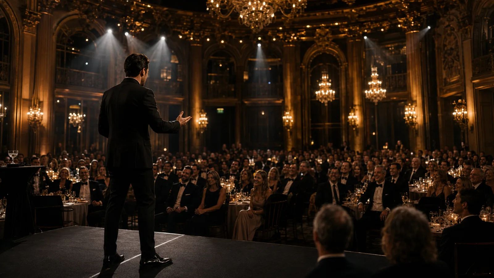 A performer on the stage of a gilded Viennese ballroom before a seated black-tie audience under chandeliers