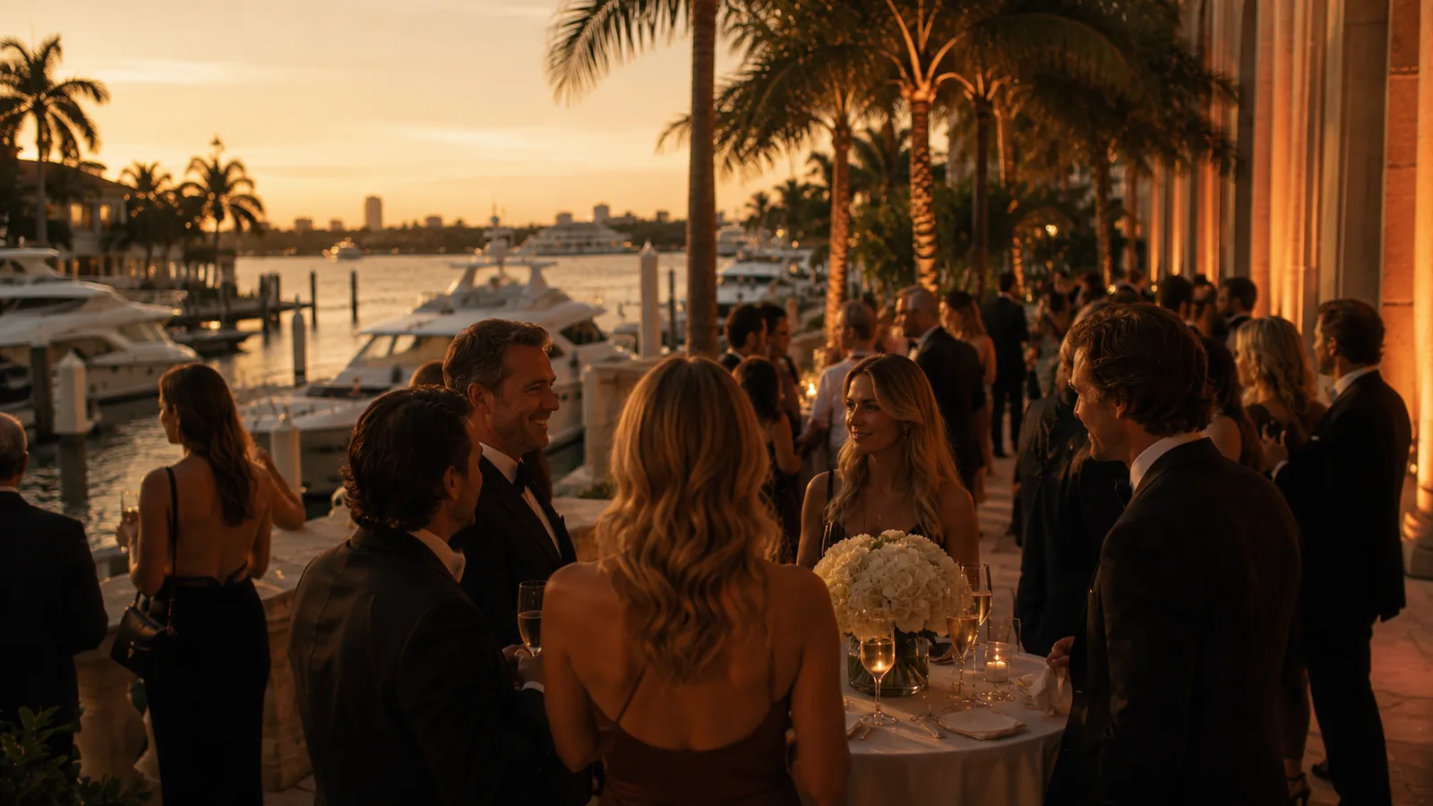 A golden-hour waterfront reception on the Intracoastal in West Palm Beach, guests with champagne and yachts moored behind