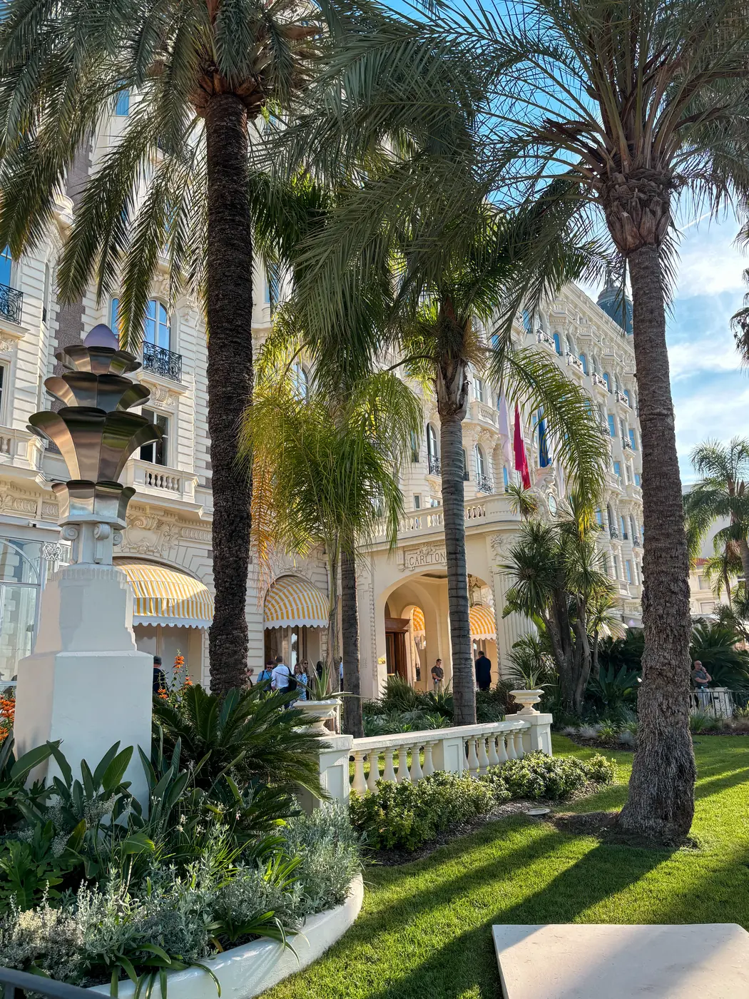 The Belle Époque facade of the Carlton Cannes on La Croisette, framed by palm trees