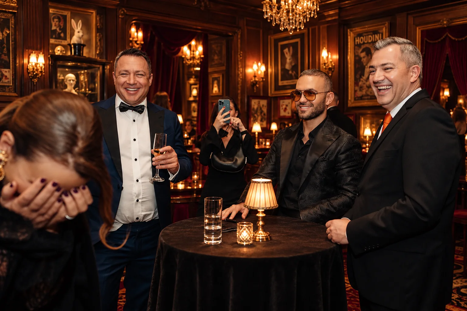 Matteo Cammisa at a table with friends inside the Magic Castle's wood-panelled bar, chandelier and Houdini poster behind