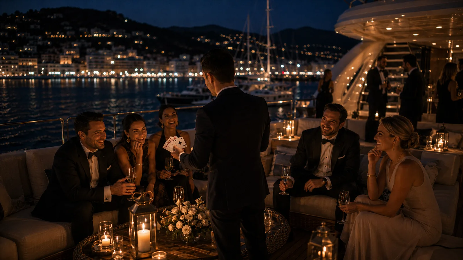 Close-up card magic performed for seated guests on the aft deck of a motor yacht at dusk