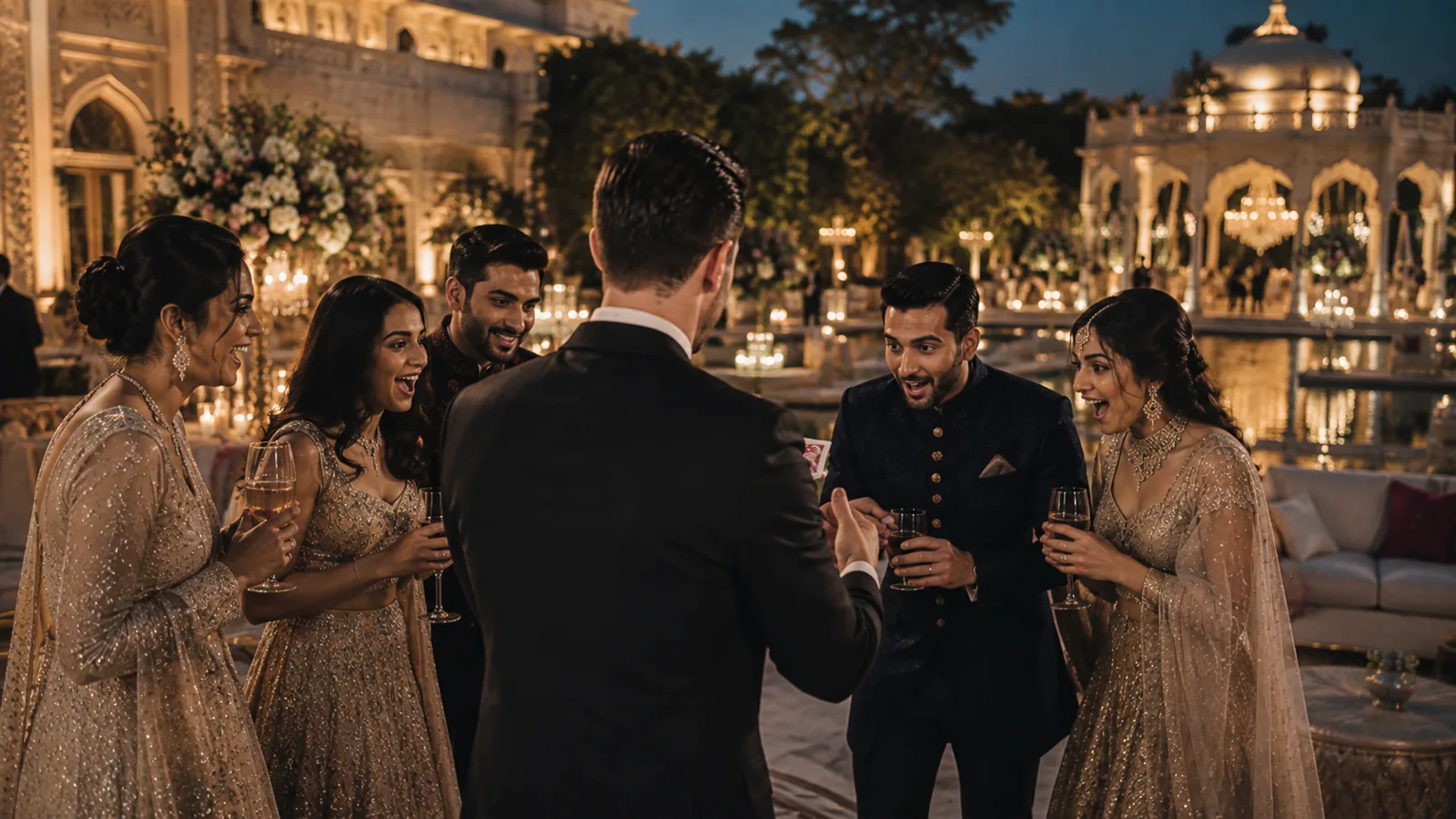 AI-generated visualisation: close-up magic during an evening reception at a luxury Indian wedding