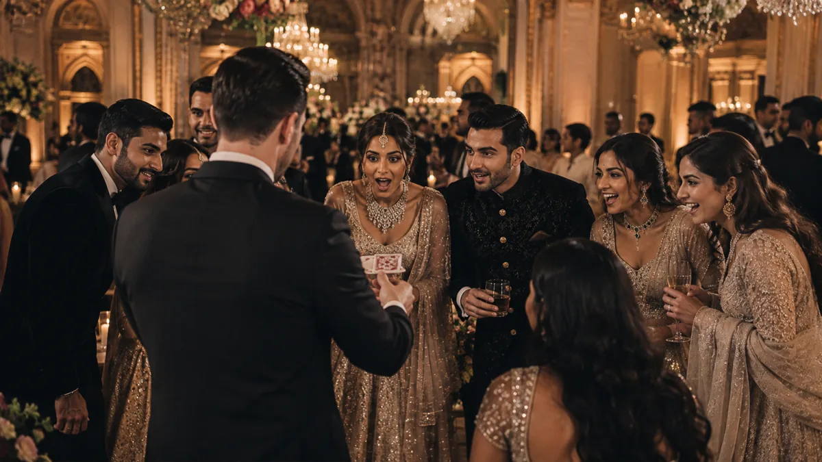 AI-generated visualisation: close-up magic for guests at a luxury Indian wedding reception